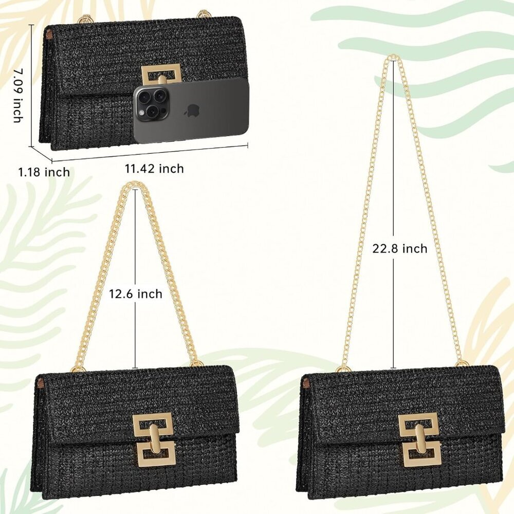 Black Woven Raffia Beach Clutch Crossbody Bag with Chain Strap for Women - Picture 4 of 7